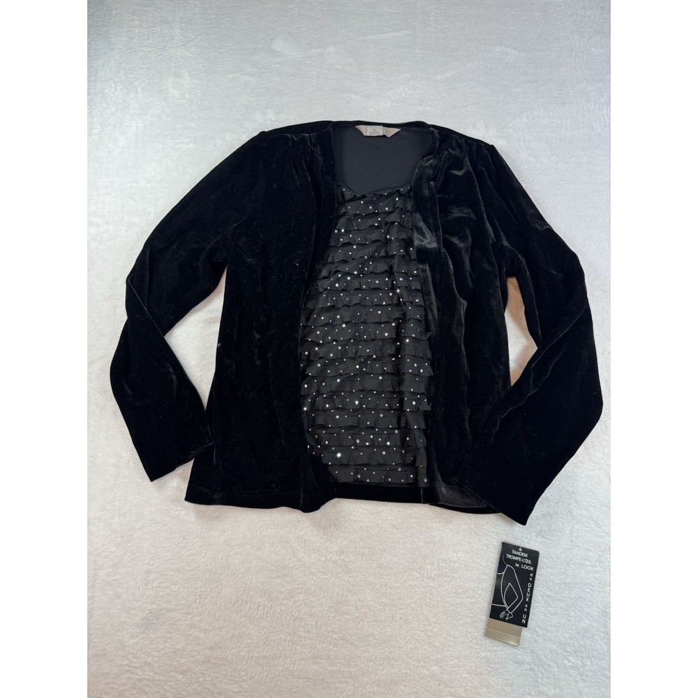 Tanjay Black Velvet Open‎ Cardigan Sz S Sequined Ruffled Tank Top Attached Y2K